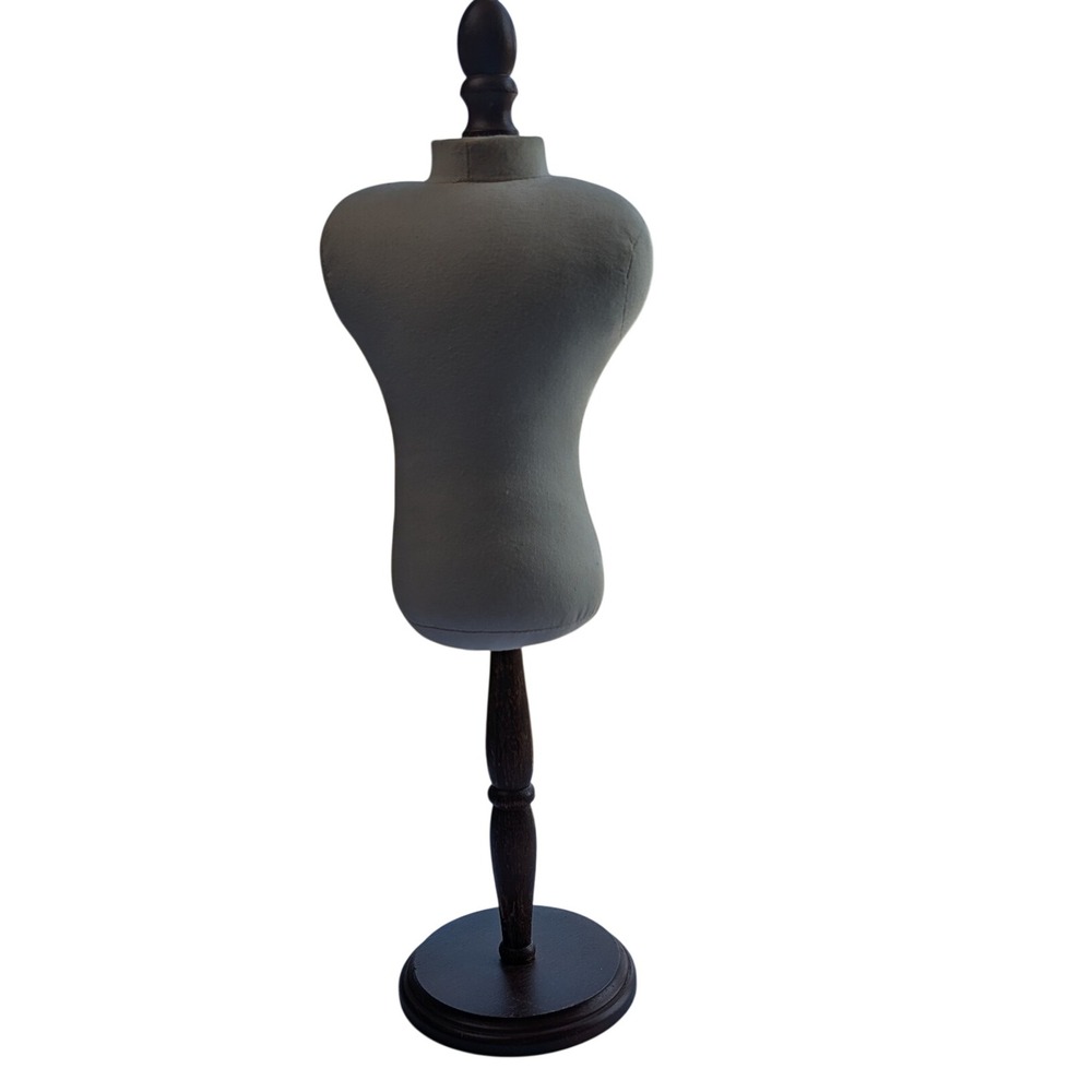 Miniature Dress Form Mannequin Jewelry Display Cream Fabric Wood Base 16.5 Inch